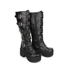 Принцесса сладкий панк обувь панк пользовательские высокие сапоги-трубы на толстой подошве с круглым молнией сапоги на высоком каблуке в стиле панк крест на платформе pu7008