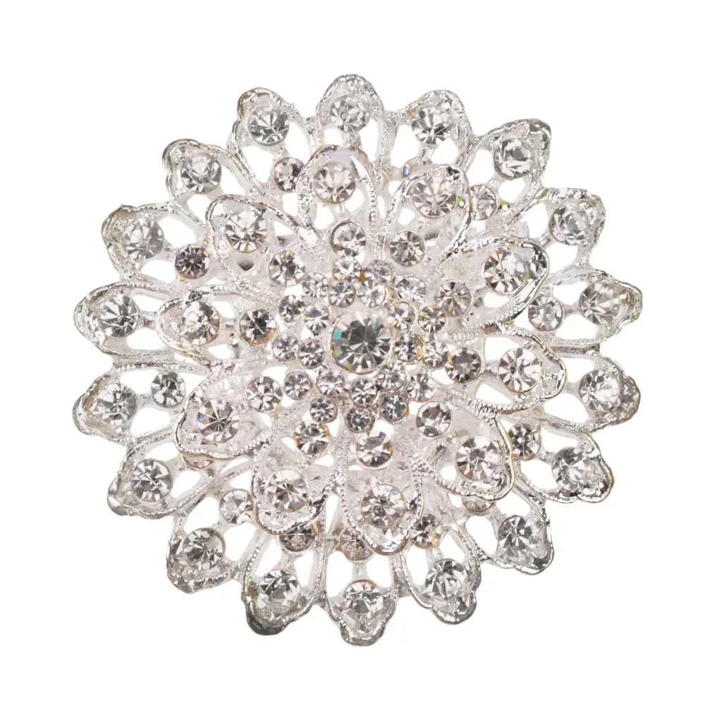Crystal Silver Flower Brooches for Women Wedding Bridesmaid Rhinestone
