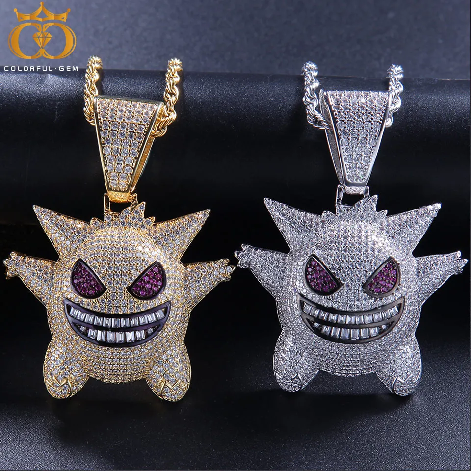 

Colorful gem Pendant Necklace for Men Hip Hop Rapper Mask Gengar Pokemon Crystal Pendants Pop Gems Iced out chain Trendy Jewelry