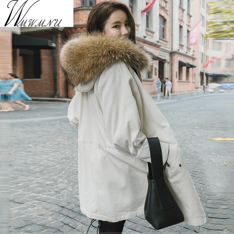 

Winter Jacket Women natural/faux Large Raccoon Fur Parkas 2017 Corduroy Winter jackets Lady Thick Fake Lambswool Lining Coats