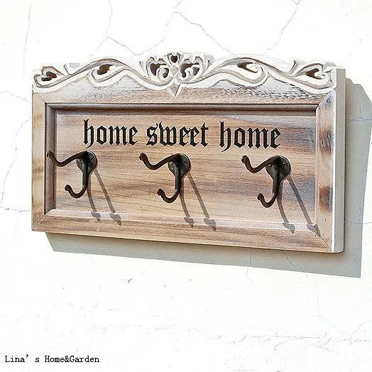 home sweet home Vintage Rustic Wood 3 Hooks Decorative Wall Hooks Rack