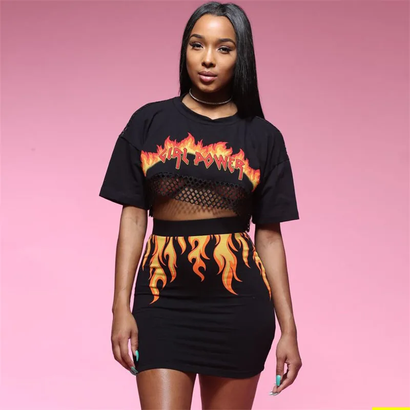 

Letters Girl Power Printed Hollow Out T Shirt Stretchy Mini Skirt 2 Two Piece Set Women See Through Crop Top Slim Skirt Outfits