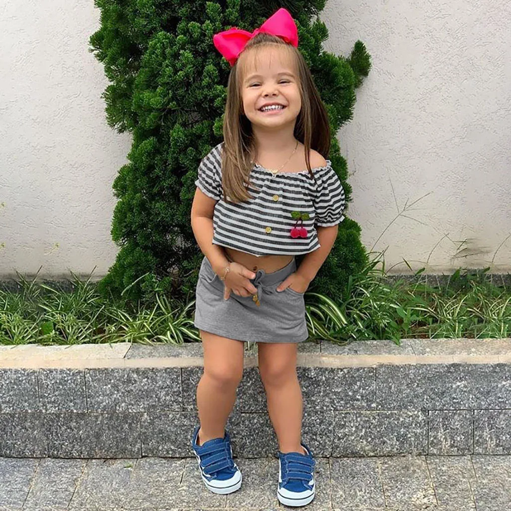 

2019 Toddler Kids Girls Clothes Set Stripe Off Shoulder Crop Tops+Pantskirt Summer Infant Baby Girl Outfits Clothing 1 2 3 Years