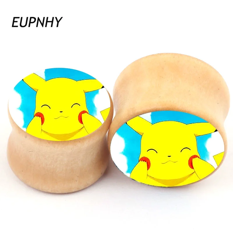 

EUPNHY 2Pcs/Lot Cartoon Pikachu Wood Plugs and Tunnels Ear Expander 6mm 8mm 10mm 12mm 14mm 16mm Flesh Ear Stretcher Jewelry