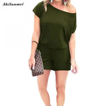 

2019 Short Jumpsuits Rompers Women New One Shoulder Short Sleeve Tops And Shorts Playsuit Solid Office Casual Loose Jumpsuit