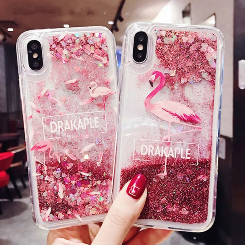 

Shining Quicksand Flamingo Animal Cat Case For Iphone X Xs 7 8 6 6s Plus Bling Dynamic Love Hearts Sequins Phone Cover coque