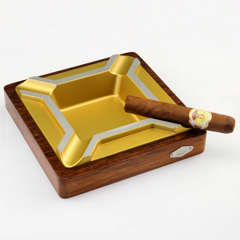 

New good quality brown luxury Polygon Spoon Shaped Stainless Steel Groove Four Holder Merbau Wood Cigar Ashtray W/ Cigar Cutter