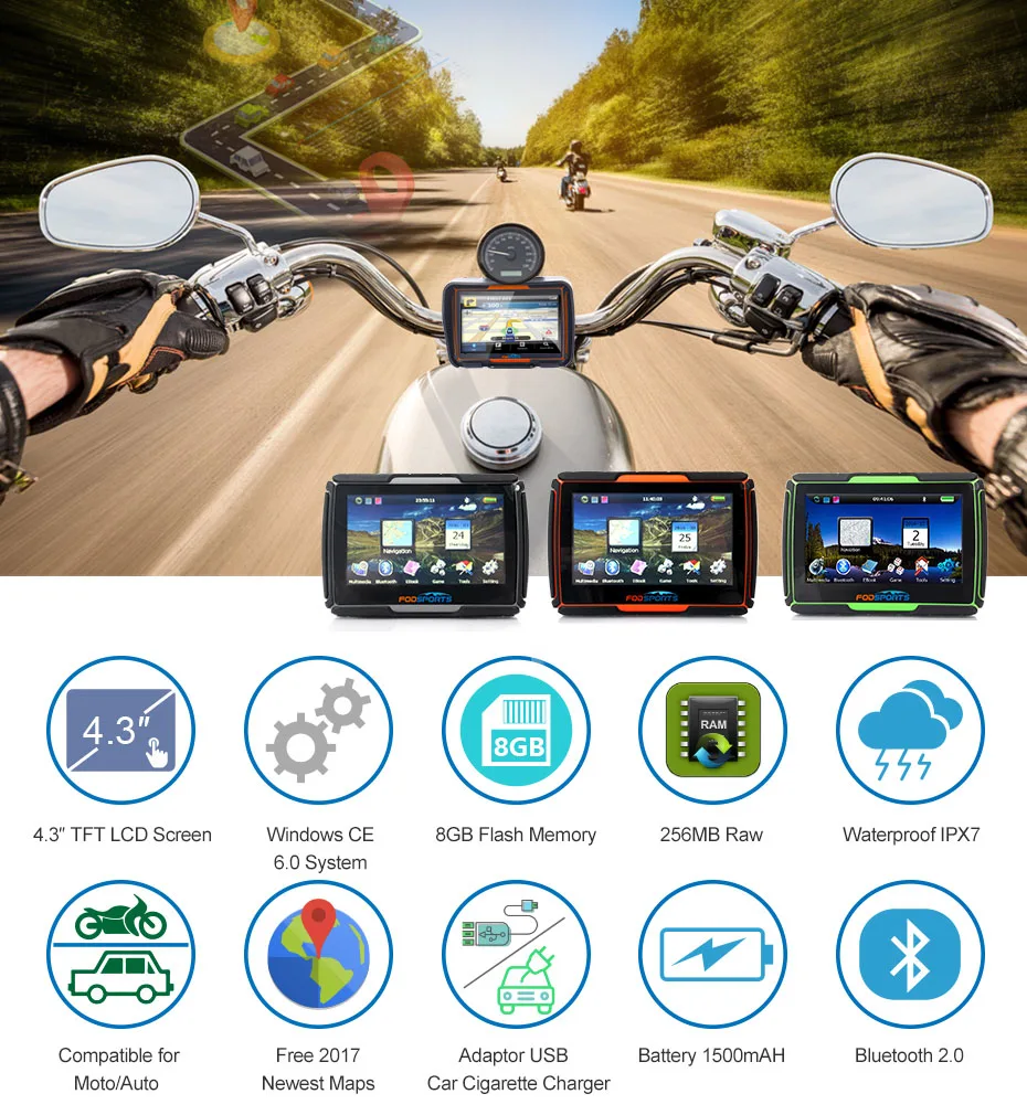 2018 New 256M RAM 8GB Flash 4.3 Inch Moto GPS Navigator Waterproof Bluetooth Motorcycle gps Navigation Free Maps! 12