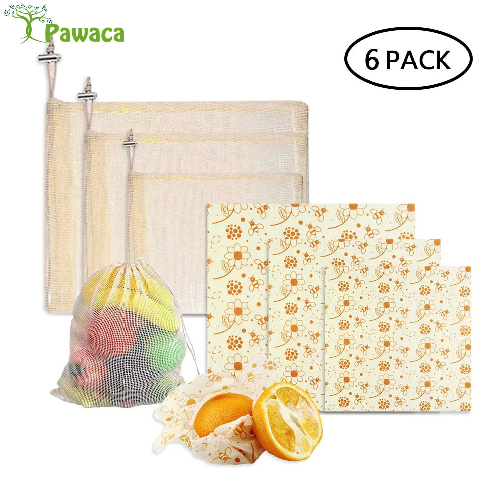 

3pcs Beeswax Wrap Cloth + 3Pcs Degradable Organic Cotton Mesh Storage Bag Eco Friendly Reusable Food Fresh Keeping Sets