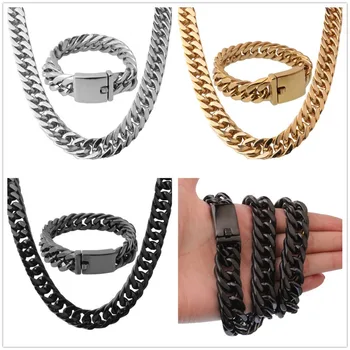 15/17MM Cool Heavy 316L Stainless Steel Silver Gold Black Cuban Curb Chain Mens Necklace 24"&Bracelet Bangle 8.66" Jewelry Sets 15/17MM Cool Heavy 316L Stainless Steel Silver Gold Black Cuban Curb Chain Mens Necklace 24"&Bracelet Bangle 8.66" Jewelry Sets
