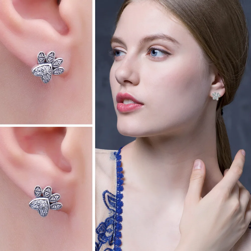 JewelryPalace Vintage Dog Paw Fingerprint Pave 0.2ct Cubic Zirconia Stud Earrings 925 Sterling Silver Hot Gifts For Momen/Girls