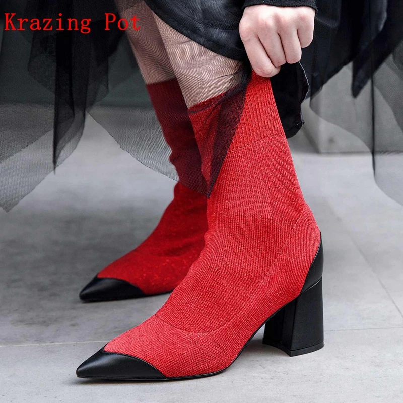 

Krazing Pot knitting cow leather round toe high heels British school preppy style mixed color superstar stretch ankle boots L03