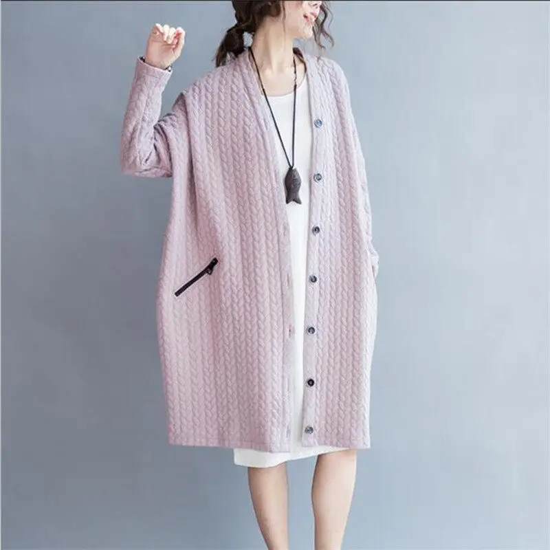 

2019 Women Autumn Large Size Space Cotton Knitted Cardigan Black Pink Clothes Oversized Women Spring Casual Trench Coat f1069