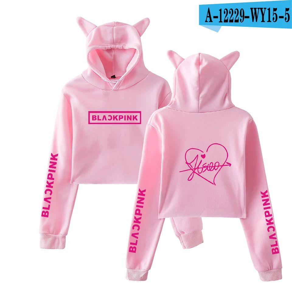 Blackpink harajuku Cat Ear Cap Hoodies fashion trend sala Cat Crop Top Women Hoodies Sweatshirt Sexy hot Kpop Clothes - Цвет: pink