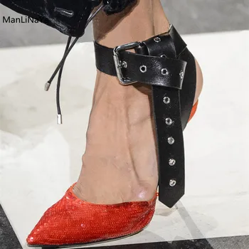 

2019 Cow Suede Summer Women High Heels Runway Fashion Pointed Toe Femal Sandals Buckle Belt Ankle Strap Summer Women Party Shoes
