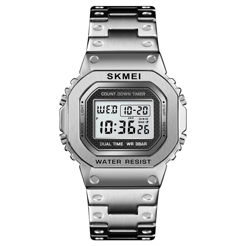 Водонепроницаемые цифровые часы с хронографом обратного отсчета для мужчин, модные уличные спортивные наручные часы от ведущего бренда SKMEI, мужские часы с будильником - Цвет: Silver