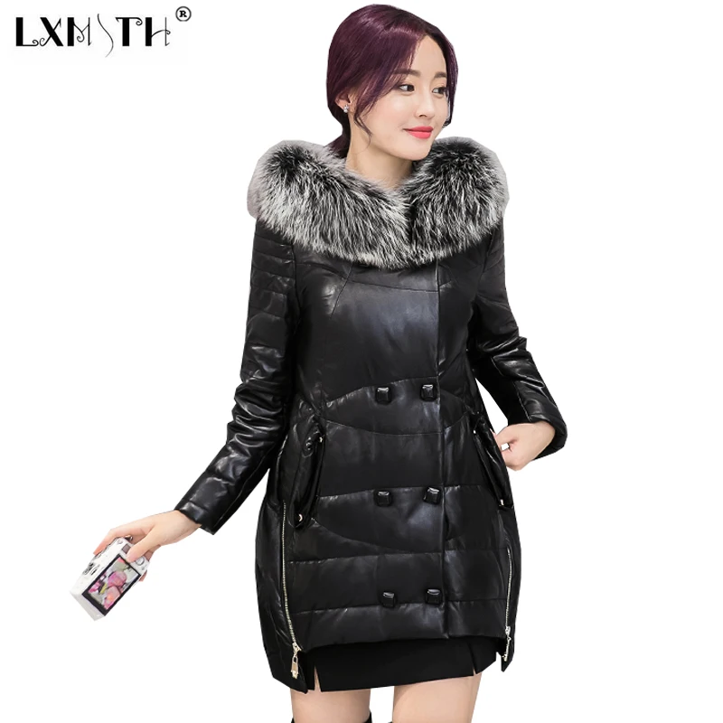 

4XL Female Jacket Outwear Hooded Collar Faux Fox Fur Long Double Breasted Coat Female Large Size Irregular Goose Down Jacket