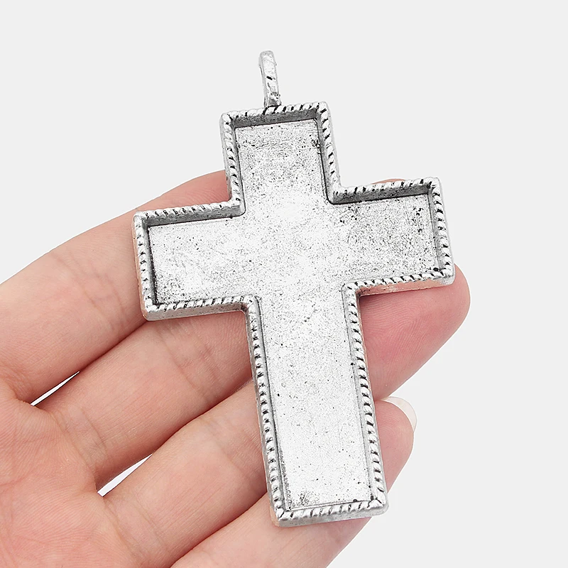 Buy 5Pcs Antique Silver Cross Bezel 70*50mm Blank