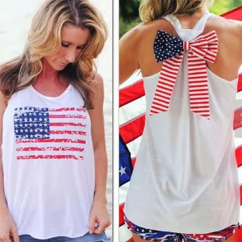 

2019 New Summer Women T-Shirt American Flags Print And Bow Stitching Sleeveless T Shirt Tee Casual Clothing Shirt