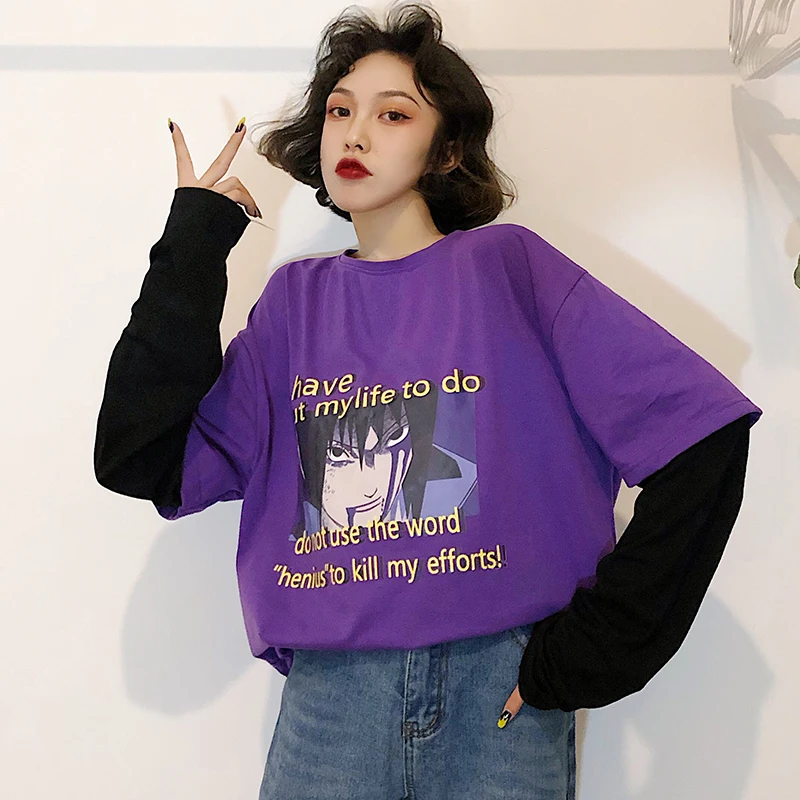 Camisetas Mujer, осенняя женская футболка, Корейская уличная футболка Ulzzang Harajuku с мультяшным принтом, футболка с длинным рукавом, женские топы - Цвет: see chart
