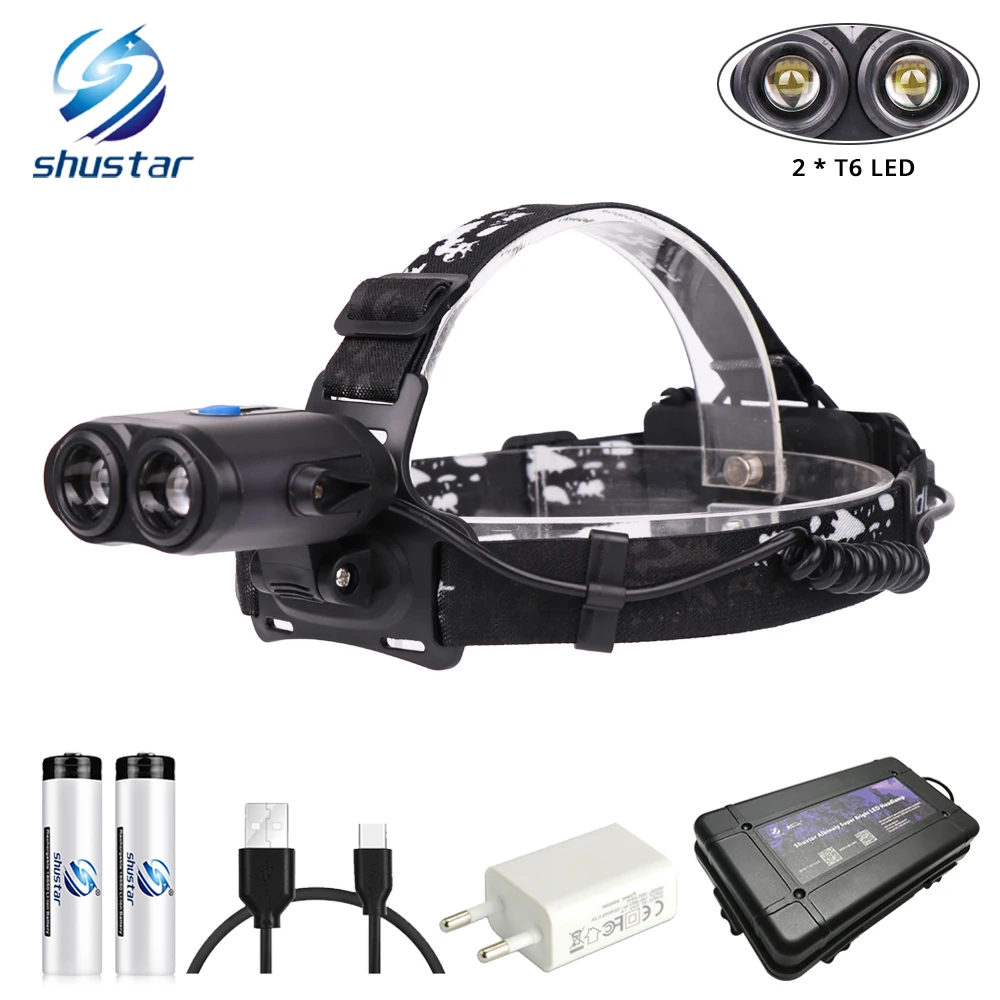 

Super bright LED Headlamp 2 x T6 LED bead lamp Micro USB charging Headlight waterproof camping light 4 lighting modes for 18560