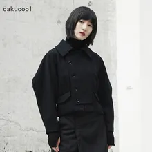 Cakucool, новинка, шерстяная Осенняя Женская куртка, однобортная, японская, черная, легкая, короткая, индивидуальный, темно-синий воротник, jaqueta casaco