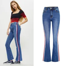 Новинка, модные весенние женские длинные штаны, высокая талия, джинсы для женщин, уличная одежда, обтягивающие штаны с боковой полосой, расклешенные штаны