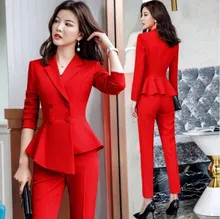 Office Ladies Double Breasted Blazer and Pencil Trouser Womens Formal Work Irregular Blazer Pants Suits for Women Slim Pantsuit