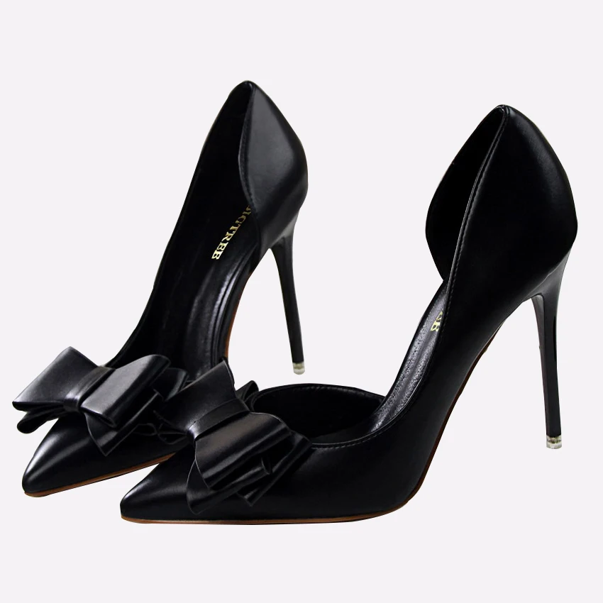 

BINHIIRO Spring Woman Pumps PU Butterfly knot Pointed Toe Side Hollow Thin High Heels OL Office Pumps For Women Party Shoes 2019