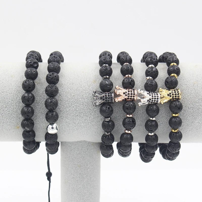 

New Fashion 2pcs/set CZ Crown Couple Charm With Lava Bead Braiding Bracelet Sets For Men Women Wristband Jewelry Accessories
