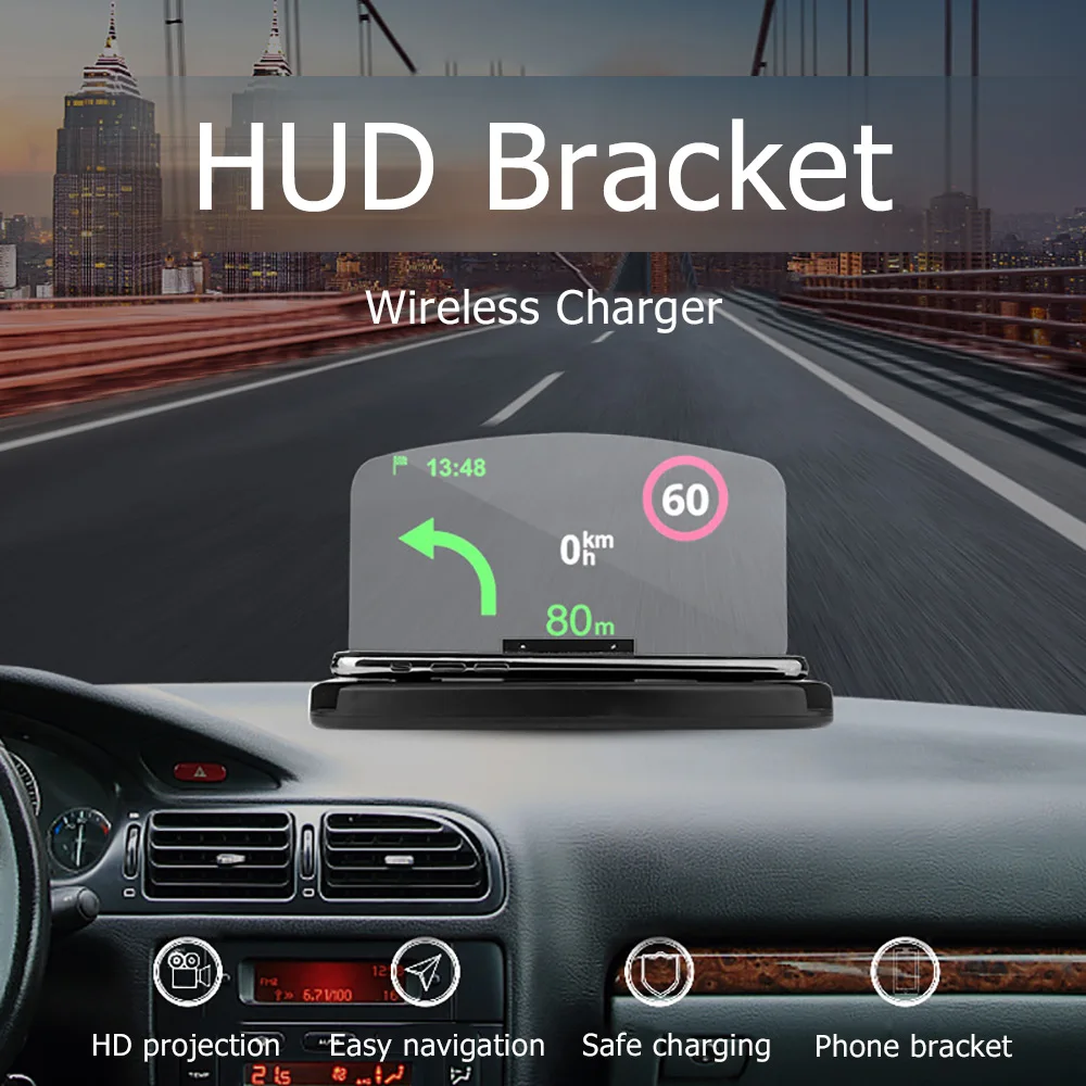 

New! Wireless Charger HUD Head Up Display Holder Mobile Phone GPS Navigation Car Speed Projector Car Charging Stand