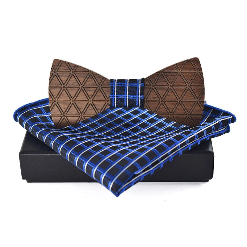  Fashion Wooden Bowtie Handkerchief Set Wedding Business Wood Bowknots Bow Tie for Mens Plaid Printe