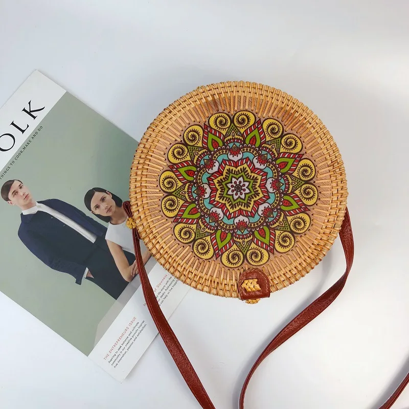 Винтаж роспись сумка ручной работы из ротанга круглая сумка Boho Цветочный принт приморский пляж круг соломенные сумки на плечо для Для женщин - Цвет: min zu 06