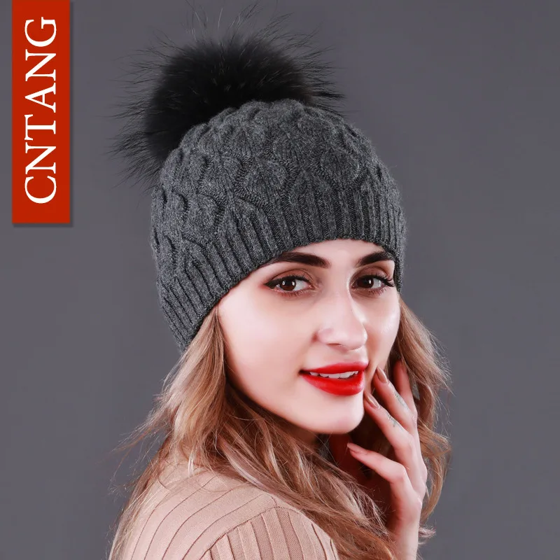 CNTANG Double layer Thick Wool Knitted Hats For Women Natural Raccoon Fur With Pompom Caps Winter Warm Ladies Fashion Beanies - Цвет: Dark gray Pompom