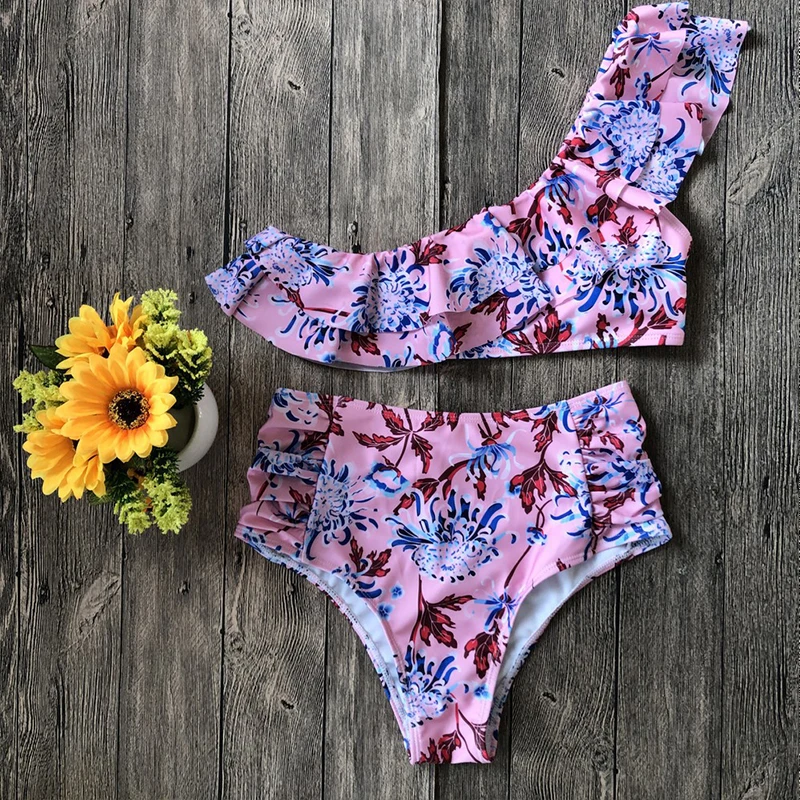 

one shoulder strapless flower ruffle bikini peplum swimsuit high leg highwaiste brazilian womens bikini swimwear push up sexy