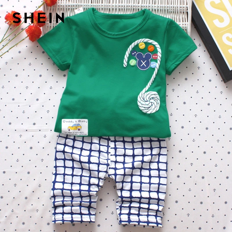 SHEIN Kiddie Cartoon And Letter Print Tee With Plaid Elastic Waist Pants Boys Sets 2019 Summer Short Sleeve Casual Clothes Sets SHEIN Kiddie Cartoon And Letter Print Tee With Plaid Elastic Waist Pants Boys Sets 2019 Summer Short Sleeve Casual Clothes Sets