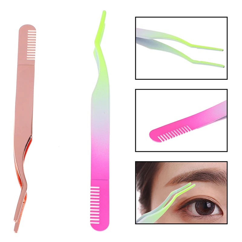 1pcs Portable Stainless Steel Eyebrow Tweezer with Eyebrow Comb Eyelashes Extension Tweezers