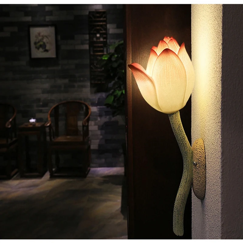 Китайский креативный светильник для коридора, лестницы, прихожей, прикроватный светильник для спальни, крыльца, настенный светильник, искусство, лотос, ресторан, отель, лампа, бра