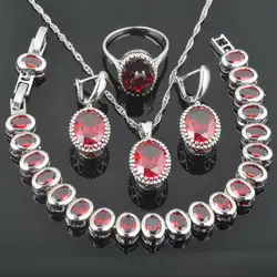 Лучший День рождения Свадьба подарок 925 серебро яйцо Красный Цирконий для женщин ювелирные комплекты с браслетом ожерелье кулон серьги