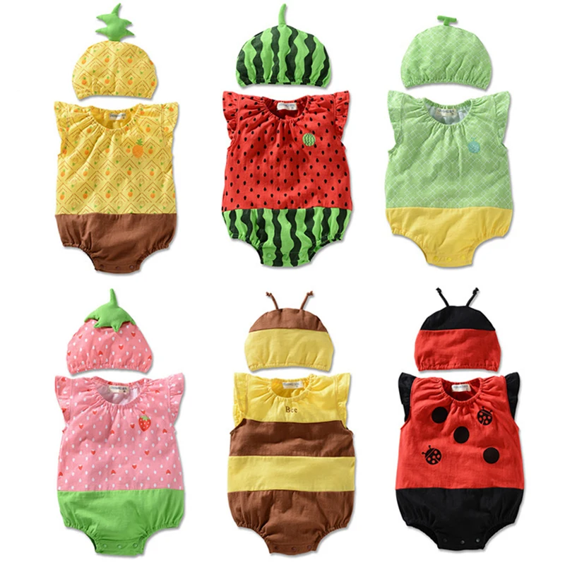 

Baby Rompers Newborn Boys Girls Clothes Summer Sleeveless Infant Clothing Animal Fruit Suit Newborn Cute Jumpsuits+Hat Costumes