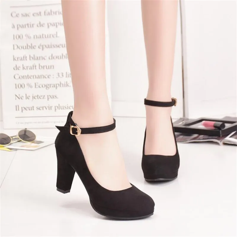 

Sexy Red Ankle Strap 9CM High heels Autumn Flock Round toe High heels Female Platform Summer Shoes Women Pumps Sandals Muje
