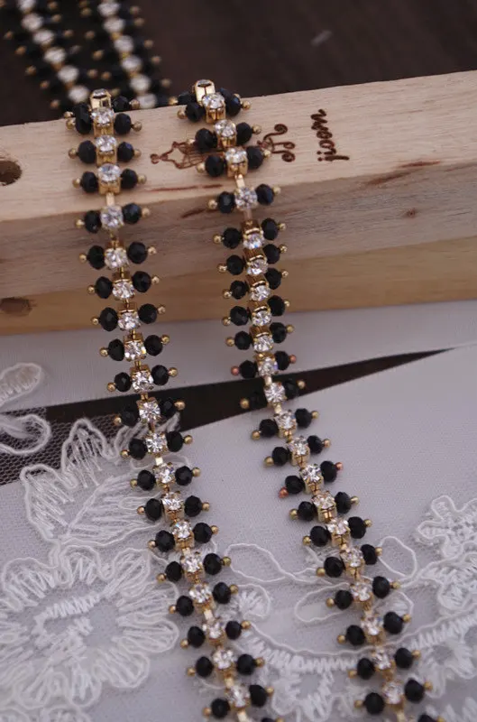 

black rhinestone bead chain, beading trim, gold rhinestone bead belt, bridal headband, one yard