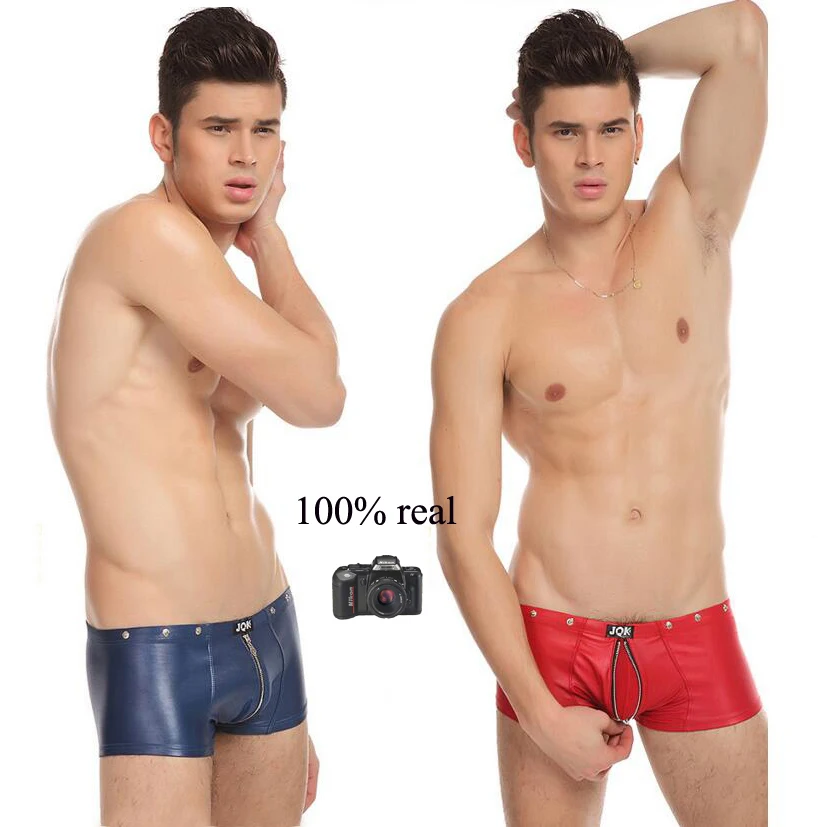 

100% Real Photos High Quality M L and XL Man front Zip fake leather Boxer sexy panties gay underwear MP014