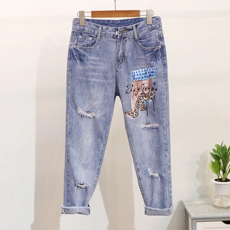 Femelle Nouveau Femmes Pantalon Mode Définit Denim Perles pink Chaussures Impression Été Paillettes Courtes black Trou Haute Printemps White De Costumes Manches Hauts IwrZITq