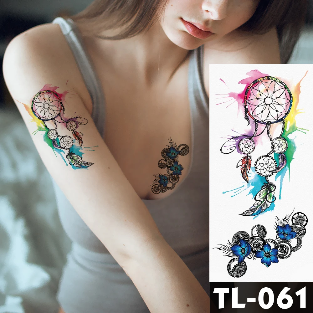 

Water Transfer Colorful Dream Catcher Temporary Tattoo Sticker Blue Flower Vine Pattern Body Art Waterproof Fake Flash Tattoo