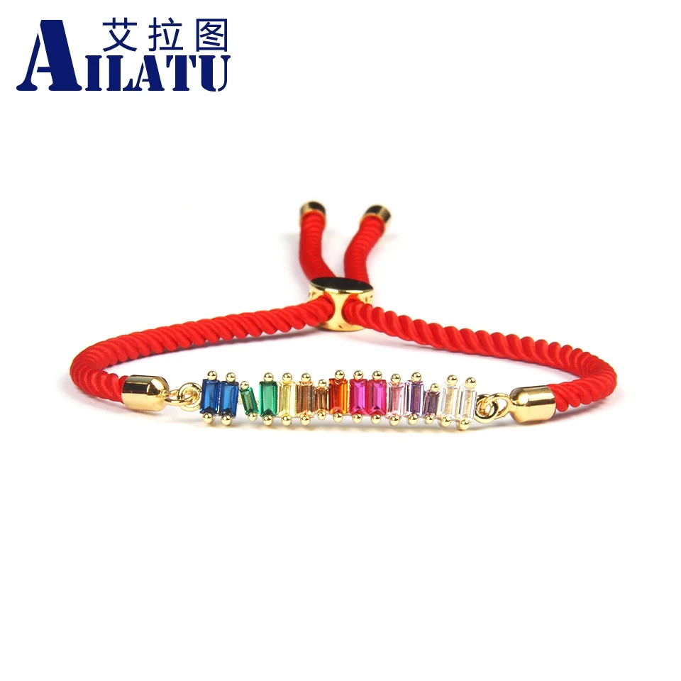 

Ailatu New Rainbow Cz Bar Geometric String Bracelet Colorful Rainbow Gold filled women fashion gifts Adjustable Top Quality