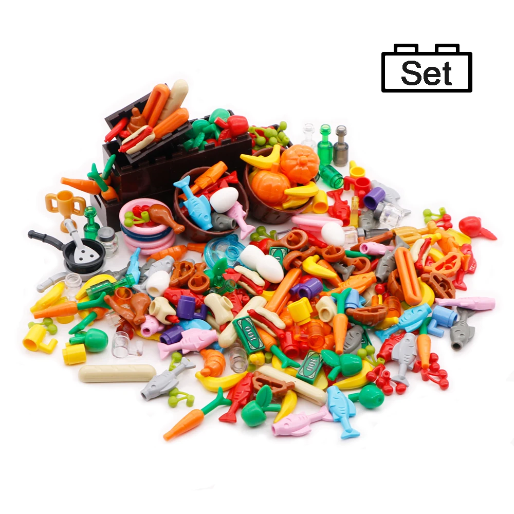 Legoed Food Accessories Friends MOC Building Blocks 110pcs Drinks Fruit Vegetable Bread Fish Bottle City Brick Toys For Children (2)