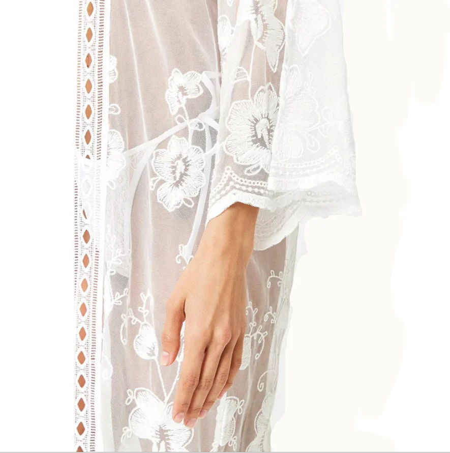 Женские весенние сексуальные с длинным рукавом Boho кружева цветочный кардиган Халаты женские белые халаты пижамы