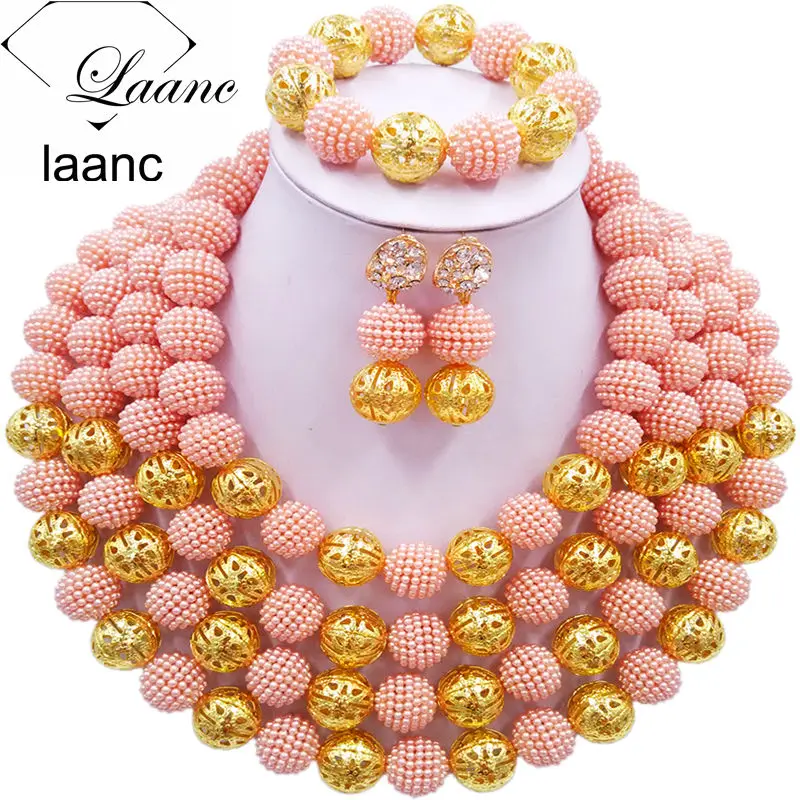 

Laanc Peach African Jewelry Set Nigerian Beads Simulated Pearl Necklace Wedding Jewelry Sets 4RJSQ009