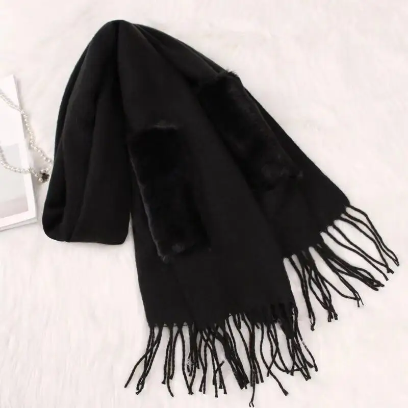 Женские однотонные кашемировые шарфы женские зимние карманные плотные теплые Пашмина из мягкой ткани Шали Обертывания женский длинный шарф - Цвет: Черный